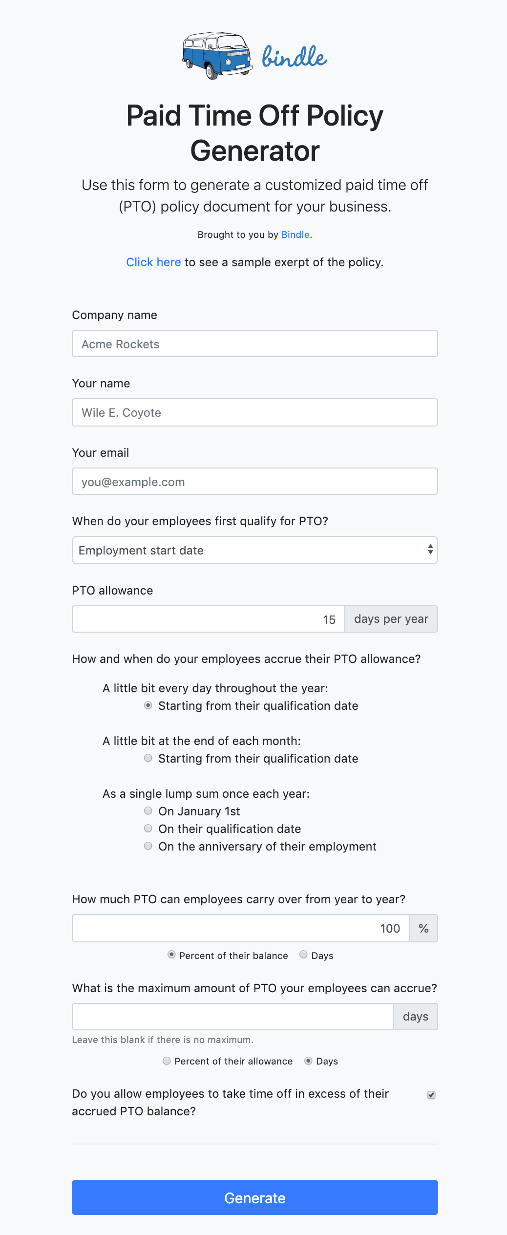 PTO policy generator screenshot