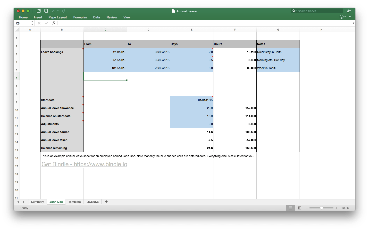 Free Annual Leave Spreadsheet from Bindle