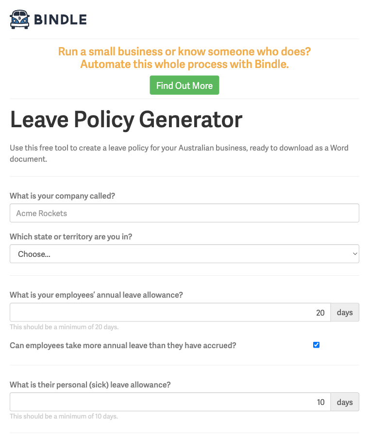 Bindle leave policy generator form