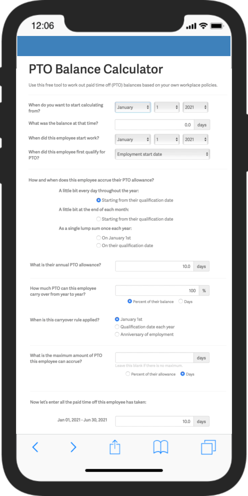 Bindle PTO & Vacation Calculator