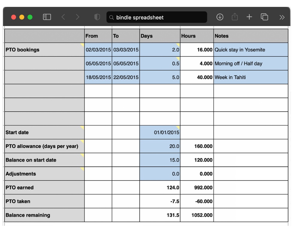 Bindle PTO Tracking Spreadsheet Template