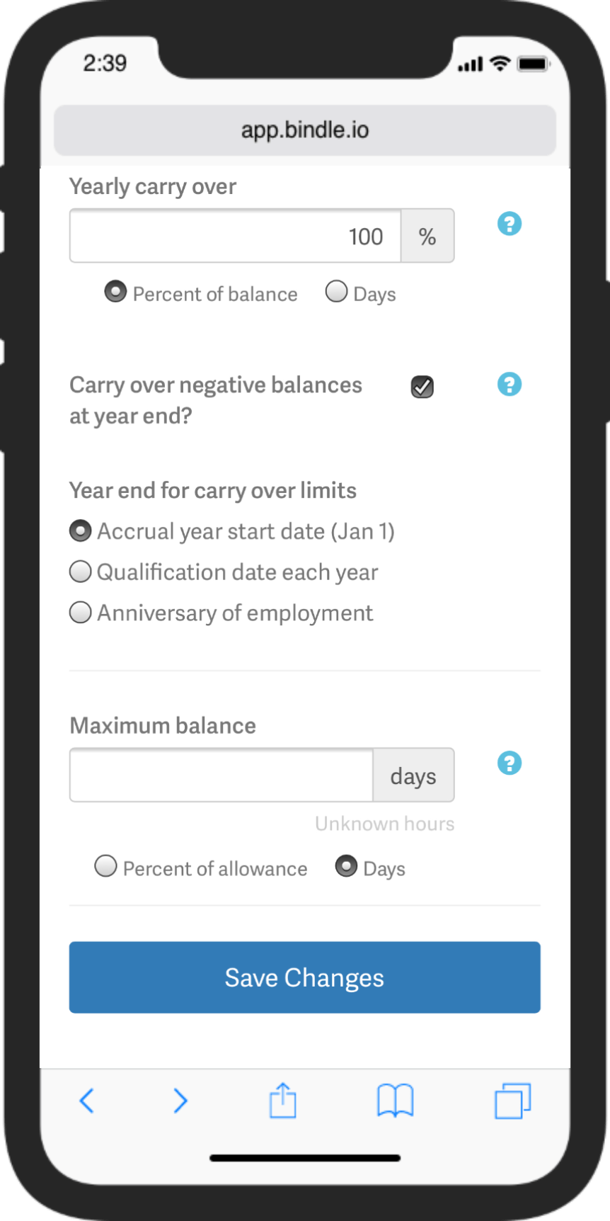 Screenshot of Bindle PTO settings on iPhone showing carry-over and maximum balance rules.