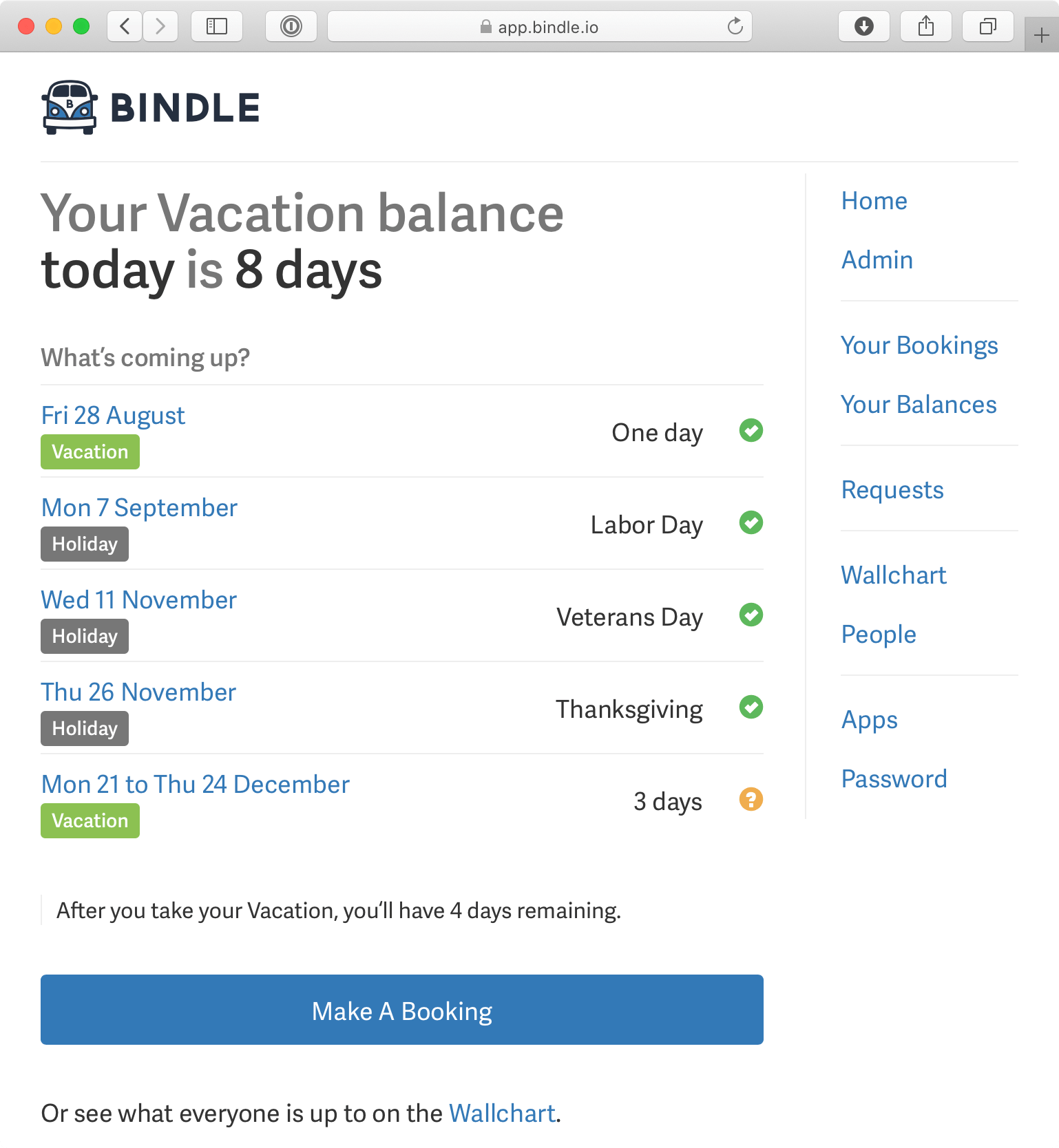 Screenshot of Bindle vacation accrual and bookings for a law firm.