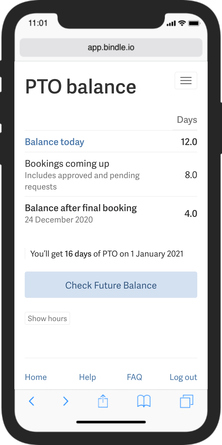 Screenshot of Bindle balance page on iPhone showing breakdown of PTO balance.