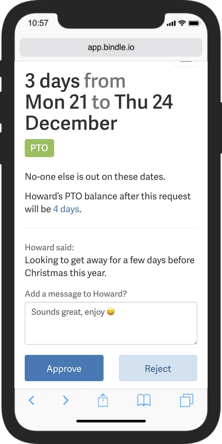 Screenshot of Bindle approval page on iPhone showing discussion of PTO booking and approve / reject buttons.