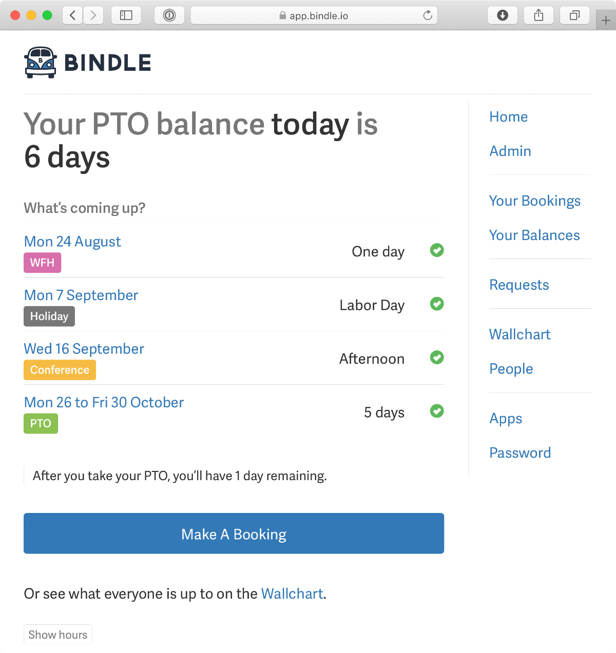 Screenshot of Bindle user home page on desktop browser showing details of PTO bookings and PTO balance.